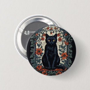 Sitzende schwarze Katze Vintage-Blumen Button
