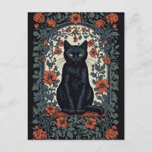 Sitzende schwarze Katze Vintage-Blumen Postkarte