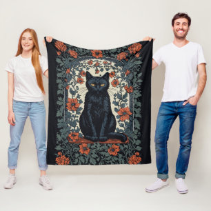 Sitzende schwarze Katze Vintage-Blumenmuster Fleecedecke