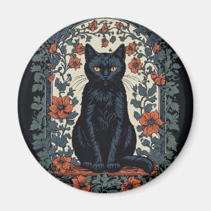 Sitzende schwarze Katze Vintage-Blumenmuster Magnet