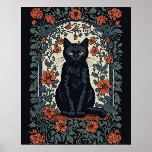 Sitzende schwarze Katze Vintage-Blumenmuster Poster