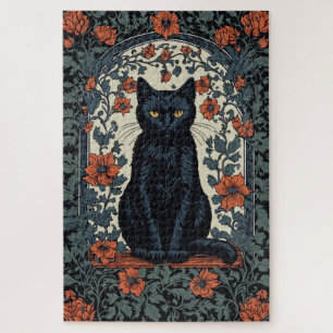 Sitzende schwarze Katze Vintage-Blumenmuster Puzzle