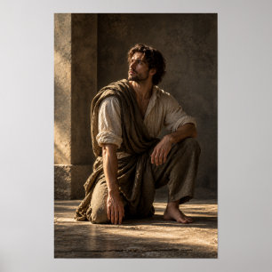 Sitzender barfüßiger Mann in warmer, sonnendurchfl Poster