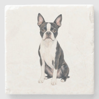 Sitzender Boston Terrier Naturstein-Unterlage Steinuntersetzer