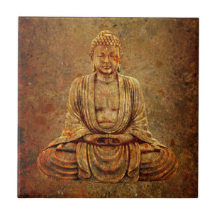 Sitzender Buddha mit Steinhintergrund Fliese