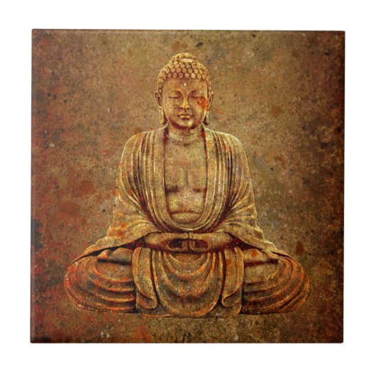 Sitzender Buddha mit Steinhintergrund Fliese (Vorderseite)