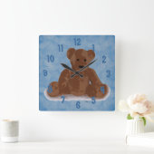 Sitzender Teddybär (blauer Hintergrund) Quadratische Wanduhr (Zuhause)