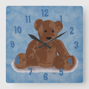Sitzender Teddybär (blauer Hintergrund) Quadratische Wanduhr