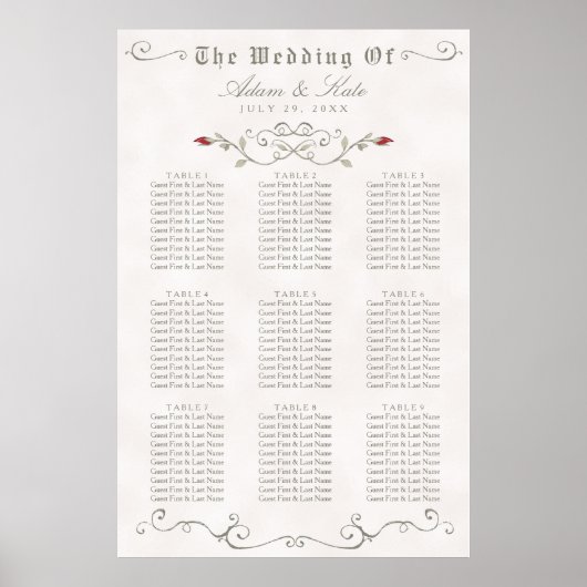 SITZENSTATT 61 - 90 | Elegante Rote Rose Hochzeit Poster (Vorne)