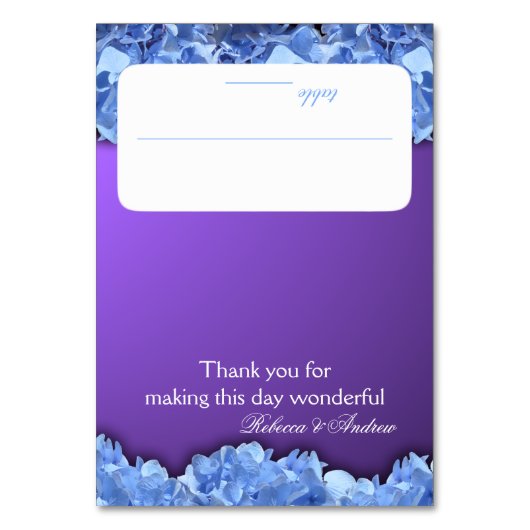 Sitzkarte für Lavendel und Blue Hydrangeas Tischnummer (Vorderseite)