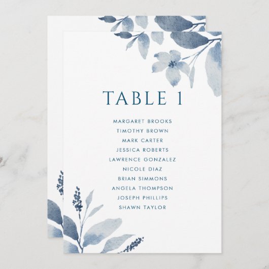 Sitzkarte mit blauer Blume Tischnummer (Vorne/Hinten)