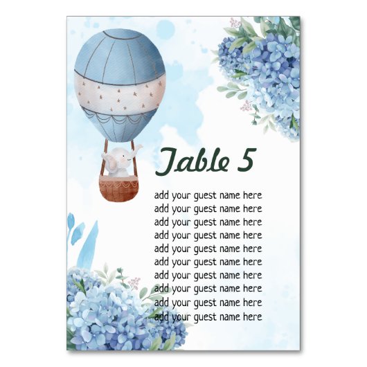 Sitzkarte oben Elephant Heißluftballon Tischnummer (Vorderseite)