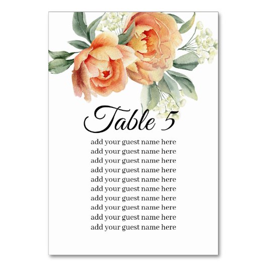 Sitzkarte Rustikale Korallenpfirsichgrüne Tischnummer (Vorderseite)