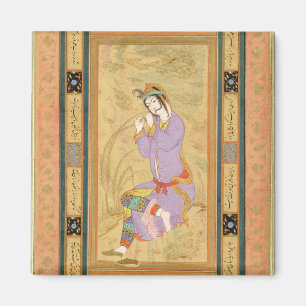 Sitzmädchen, das ihr Haar in ringlets, von t Magnet