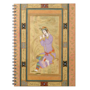 Sitzmädchen, das ihr Haar in ringlets, von t Notizblock