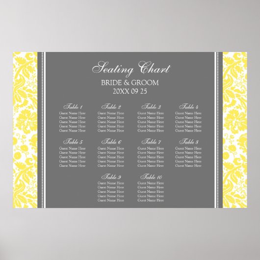 Sitzplan 10 Tische Gelber grauer Damast Poster (Vorne)