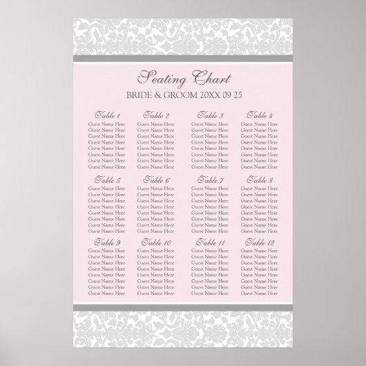 Sitzplan 12 Tische 96 Gäste Rosa graue Damaskus Poster (Vorne)