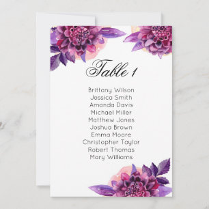 Sitzplan für eine lila Hochzeit. Florale Tischordn Einladung