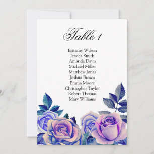 Sitzplan mit blauen und violetten Rosen. Tischplan Einladung