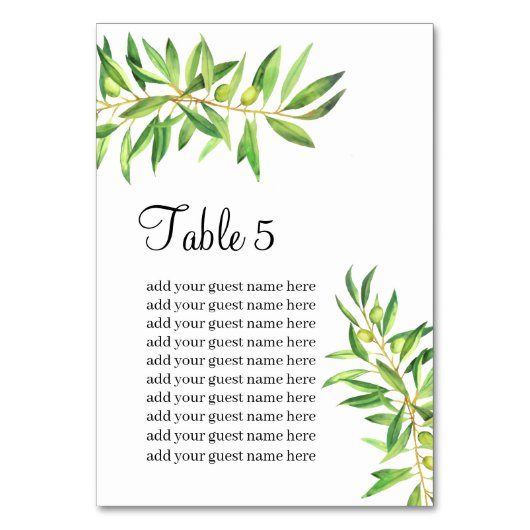 Sitzplan Moderne, einfache Olive Branch Grünanlage Tischnummer (Vorderseite)