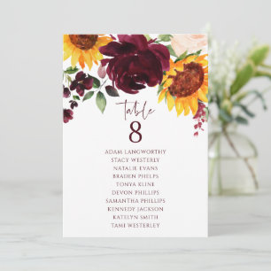 Sitzplan-Tischnummer Sonnenblume Rose Burgund Einladung