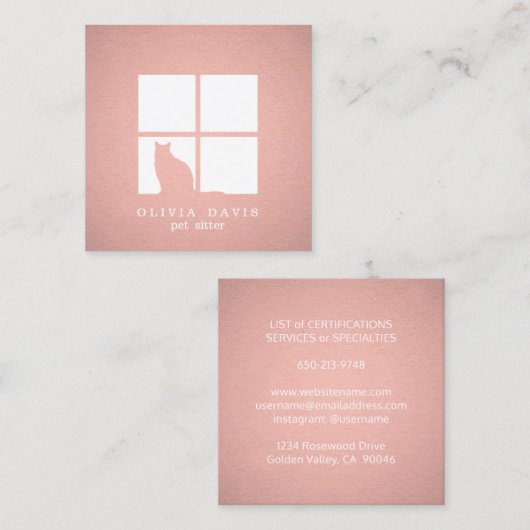 Sitzplätze Groomer Services Rosa Rose Gold Moderne Quadratische Visitenkarte (Vorne/Hinten)