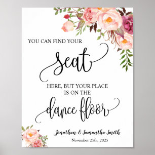 Sitzschild Hochzeitsempfang rosa Blumen Poster