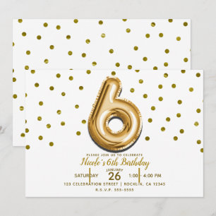 SIX 6 Goldene Ballons & Konfetti 6. Geburtstagsfei Einladung