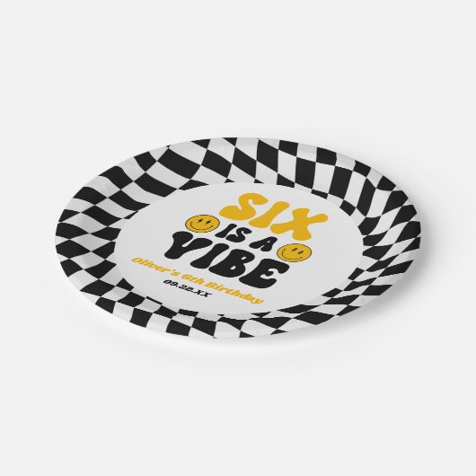 Six Is A Vibe Retro Sixth 6th Birthday Party Pappteller (Schrägansicht)
