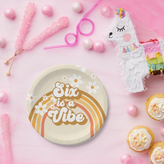 Six ist ein Vibe Retro Rainbow Groovy 6. Geburtsta Pappteller (Party)