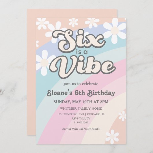 Six ist eine Vibe Groovy Retro Rainbow Daisy Einladung (Vorne/Hinten)