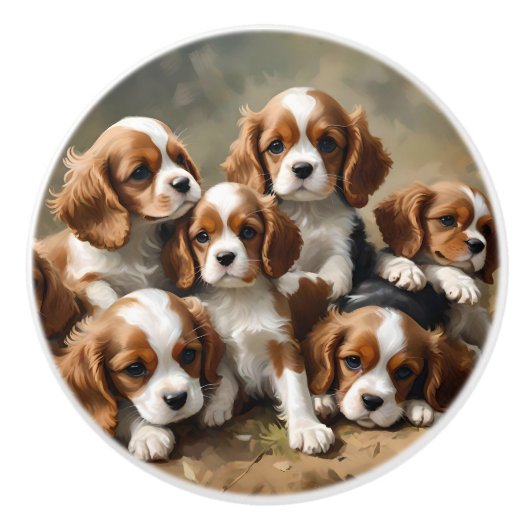 Six King Cavalier Spaniel Welpen, Keramikknauf (Vorderseite)
