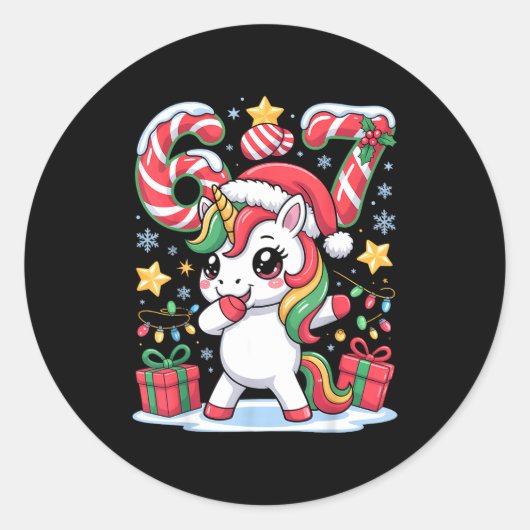 Six Seven Christmas Unicorn Meme Funny Cute Holida Runder Aufkleber (Vorderseite)