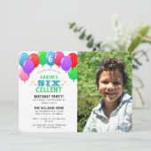 SIXcellent 6th Birthday Balloon Blue Foto Einladung (Stehend Vorderseite)