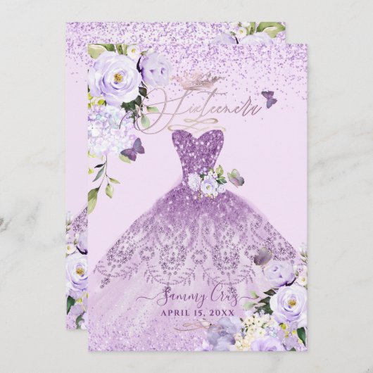 Sixteenera Dusty Lilac Lila Glitzer Gown Einladung (Vorne/Hinten)