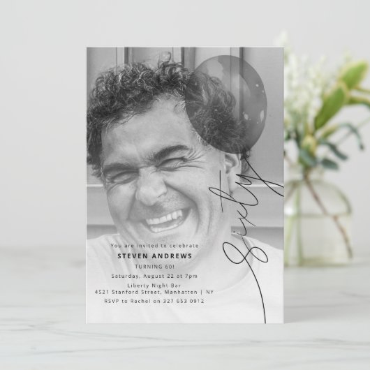 Sixty Balloon String | Photo 60th Birthday Party Einladung (Stehend Vorderseite)