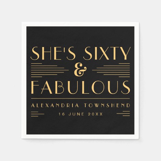 Sixty & Fabulous Art Deco Name Date 60th Birthday Serviette (Vorderseite)