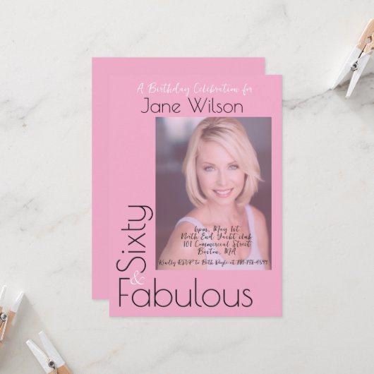  Sixty & Fabulous Invitation Pink Photo Einladung (Vorderseite/Rückseite Beispiel)