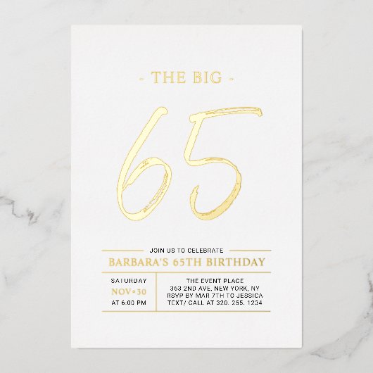 Sixty five | Modern Gold 65th Birthday Party Folieneinladung (Vorderseite)