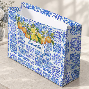 Sizilianisch Blau Gelb Zitrus Mediterran Azulejo  Große Geschenktüte