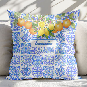 Sizilianisch blau gelb Zitrus Mediterran Azulejo Kissen