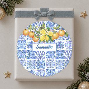 Sizilianisch Blau Gelb Zitrus Mediterran Azulejo  Runder Aufkleber