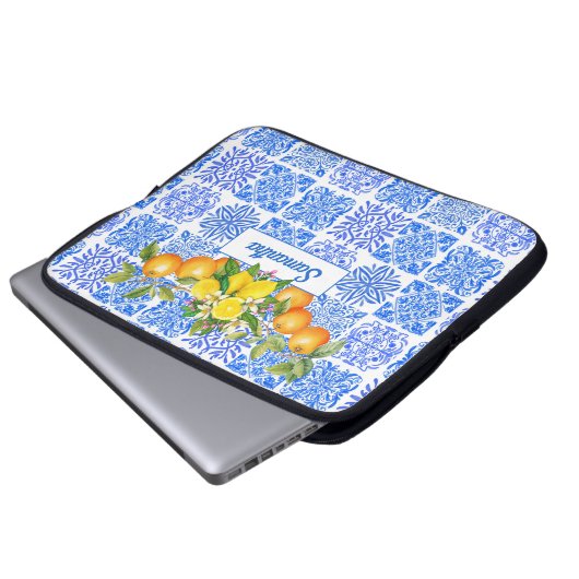Sizilianisch-blaugelbe Zitrusfrüchte Mittelmeer-Az Laptopschutzhülle (Vorne Knopf)