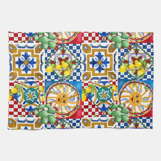 Sizilianisch, Majolika, Fliesen, Zitronen   Geschirrtuch (Horizontal)