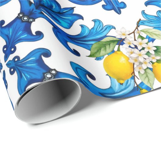 sizilianisch, Sommer, Zitrone, Mosaik, blau Geschenkpapier (Rolleneckpunkt)