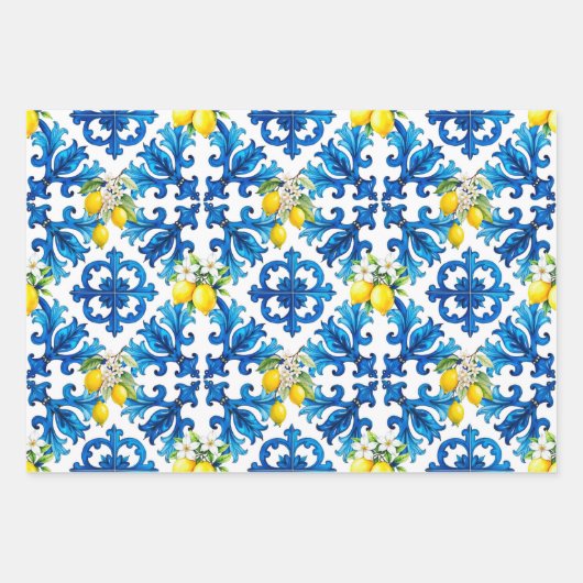sizilianisch, Sommer, Zitrone, Mosaik, blau Geschenkpapier Set (Vorderseite 3)