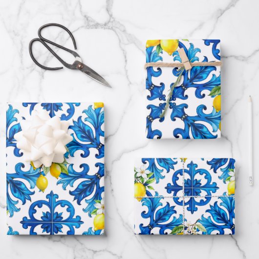 sizilianisch, Sommer, Zitrone, Mosaik, blau Geschenkpapier Set (Vorderseite)