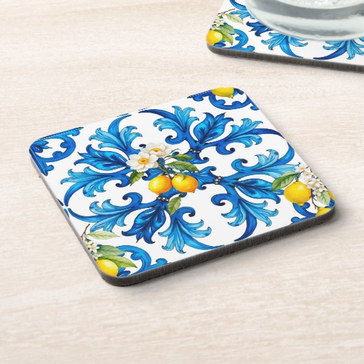 sizilianisch, Sommer, Zitrone, Mosaik, blau Getränkeuntersetzer (Linke Seite)