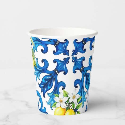 sizilianisch, Sommer, Zitrone, Mosaik, blau Pappbecher (Rückseite)