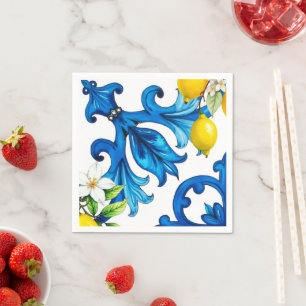 sizilianisch, Sommer, Zitrone, Mosaik, blau Serviette